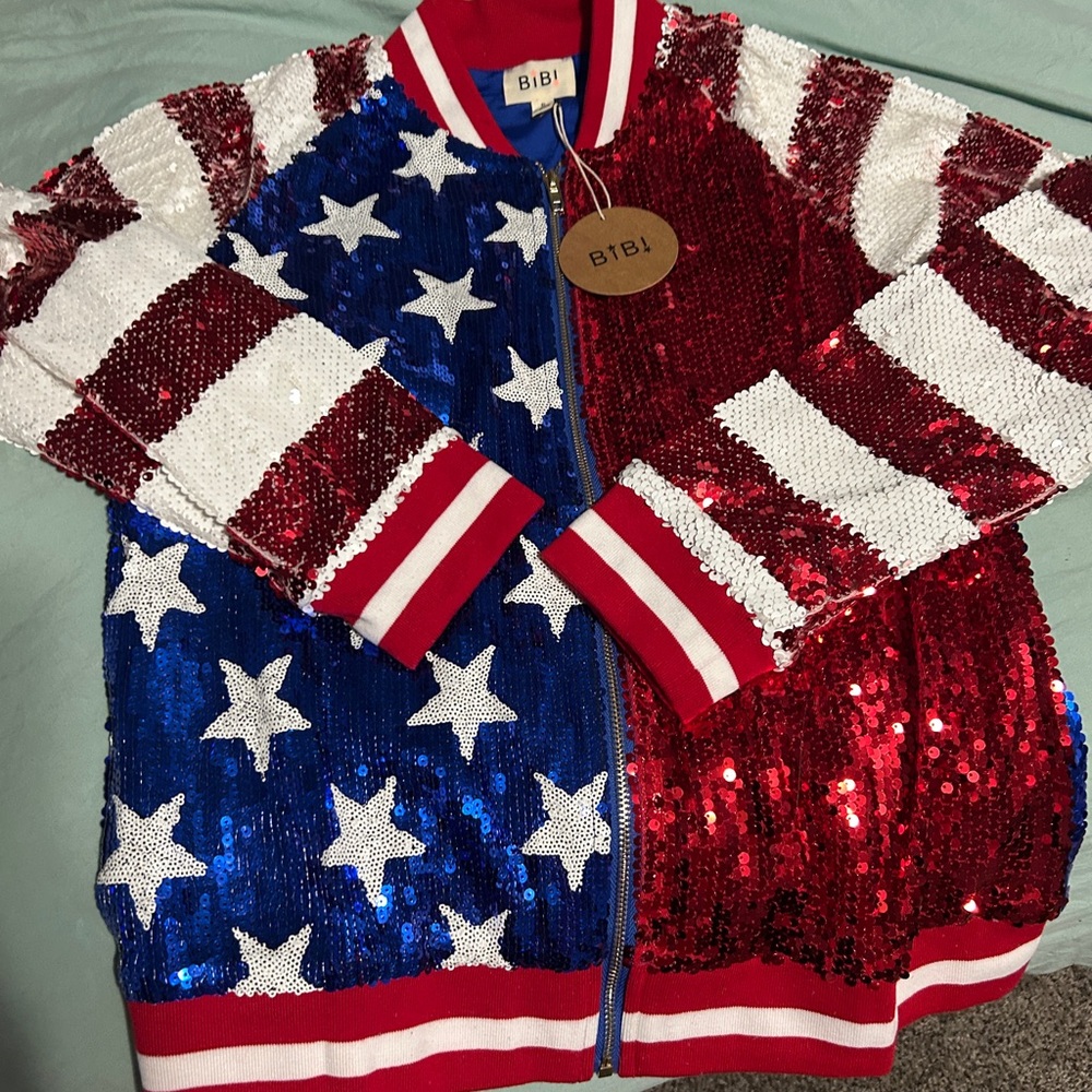 BiBi US Flag Theme Color Block Sequin Bomber Jacket - Picture 11 of 14